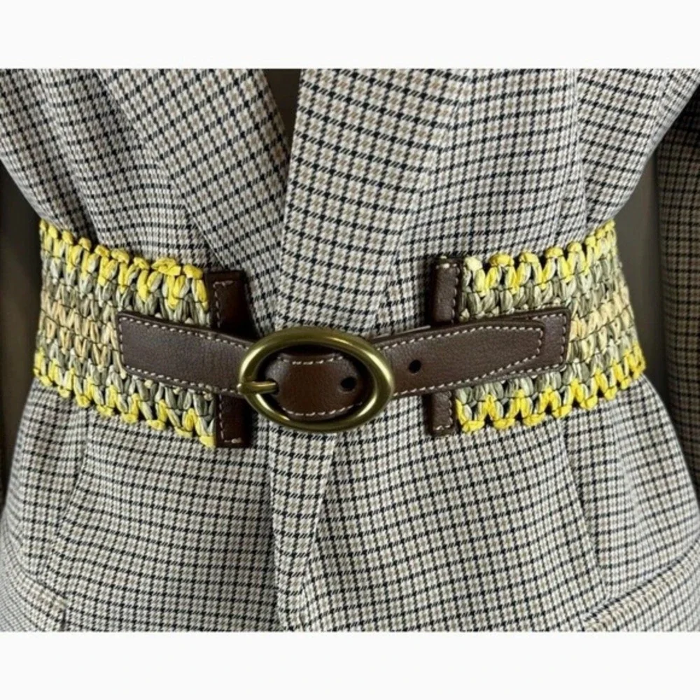 Loft Woven‎ Stretch Belt Yellow Tan Brown Braided Cinch L Bohemian Chic 70-02-01